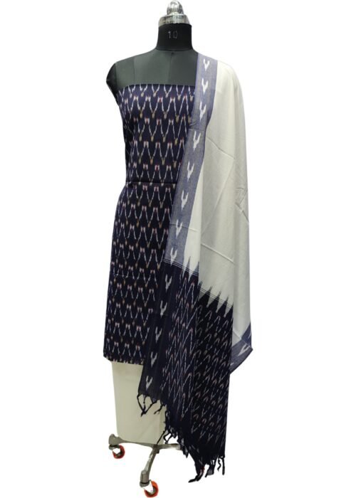 Pochampally Ikat Cotton Dress Materials Dark Navy Blue And White