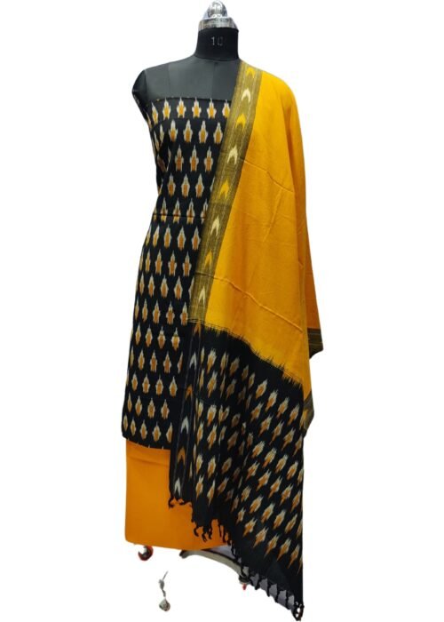 Pochampally ikat Cotton Dress Material Black And Yellow