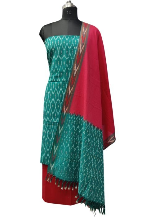 Pochampally Ikat Dress Materials Rama Green And Red