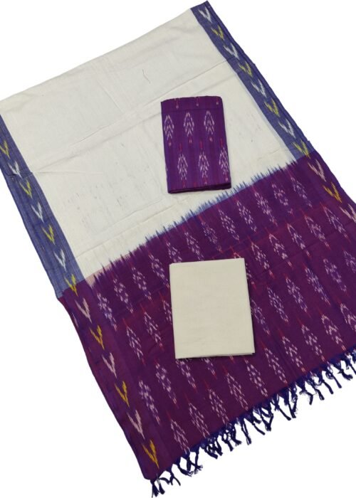 Handlooms Ikat Cotton Dress Material Purple And Off White