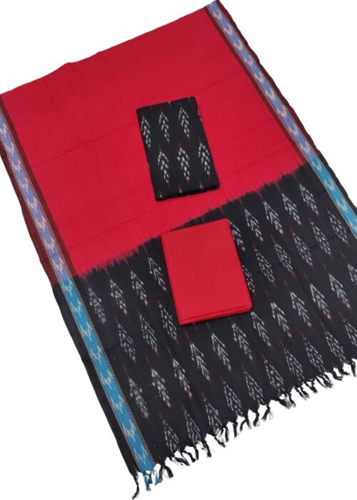 Handlooms Ikat Cotton Dress Material Red And Black