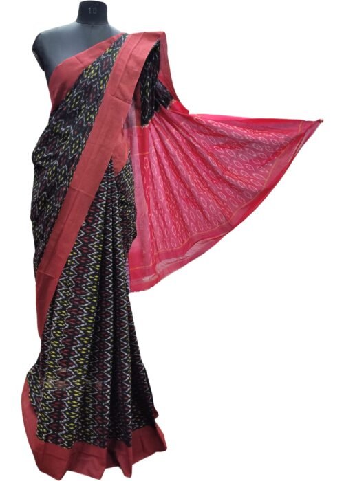 Mercerised Ikat Pochampally Cotton Saree Black And Pink Colour