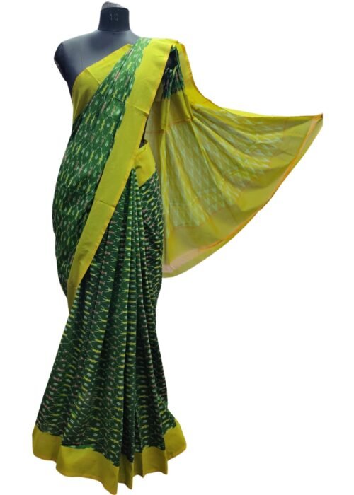 Pochampally Ikat Weave Handloom Cotton Saree Green And Pesara Colour