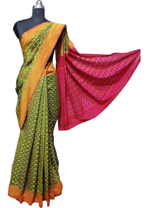 LuxeLoom Double Ikat Cotton Saree Pinky And Pesara Colour