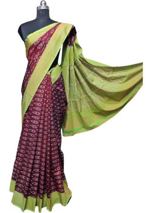 LuxeLoom Double Ikat Cotton Saree Maroon And Parrot Green Colour