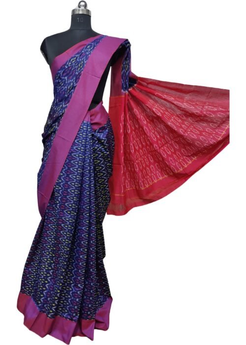 LuxeLoom Double Ikat Cotton Saree Pinky And Navy Blue
