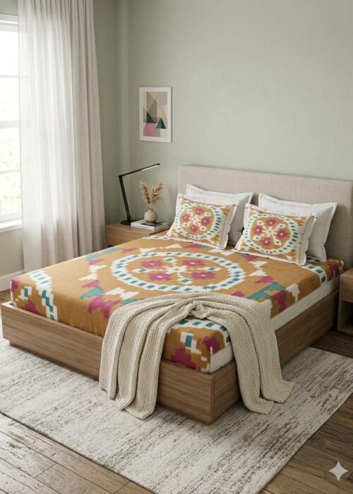 Ikat Cotton King Size Double Cot Bedsheet – 90 × 108 Inches | Soft Cotton Handloom Style Bed Sheet