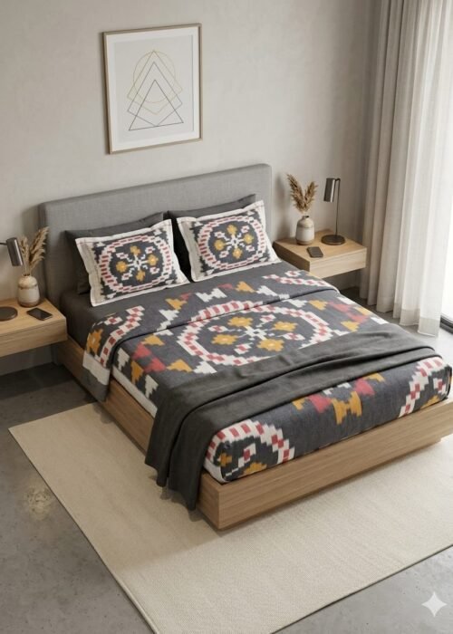 Ikat Cotton King Size Double Cot Bedsheet – 90 × 108 Inches | Soft Cotton Handloom Style Bed Sheet
