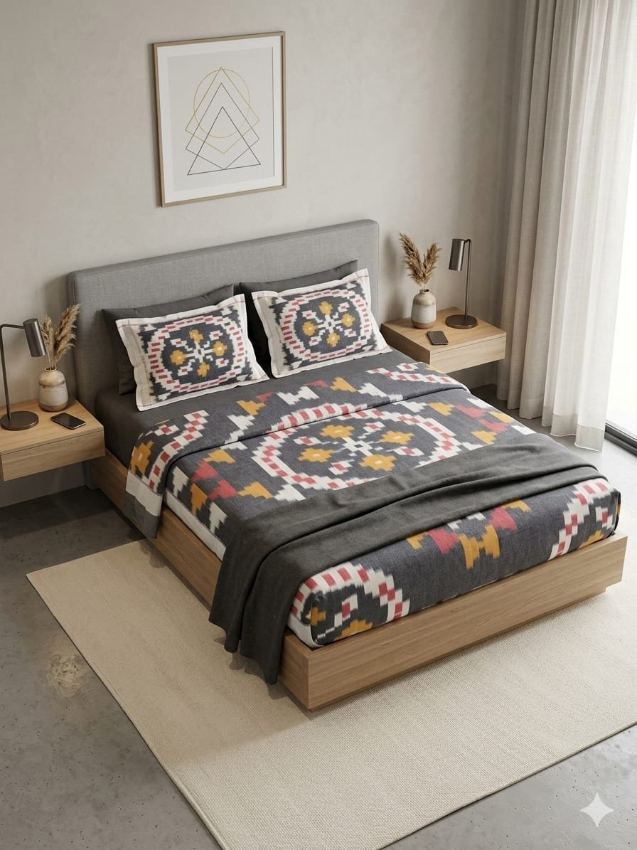 Ikat Cotton King Size Double Cot Bedsheet – 90 × 108 Inches | Soft Cotton Handloom Style Bed Sheet