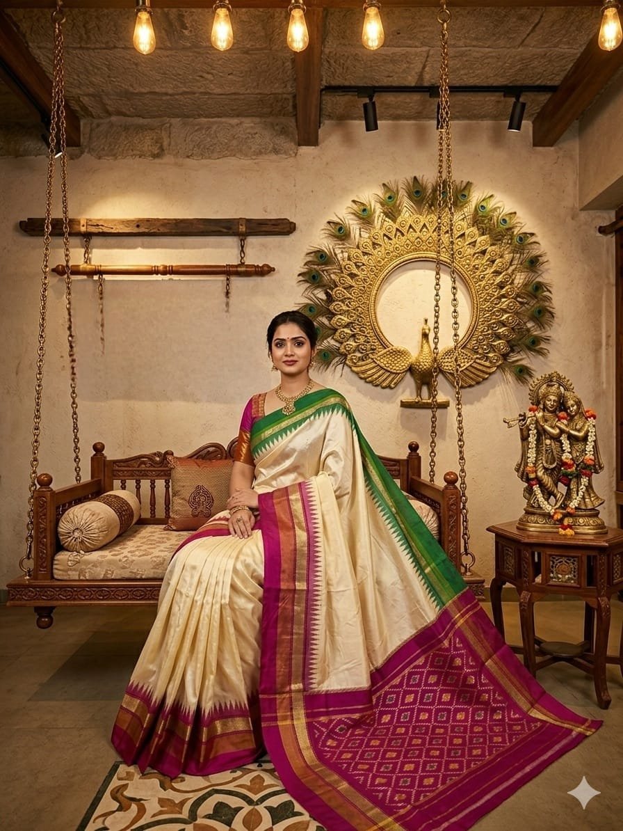 Pochampally Ikat Silk Saree Pinky And Parrot Green
