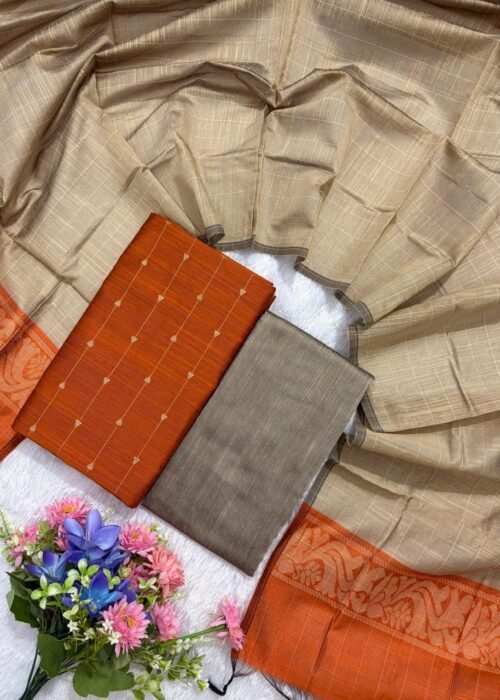 Traditional Raw Silk Dress Materials with Bottom & Dupatta