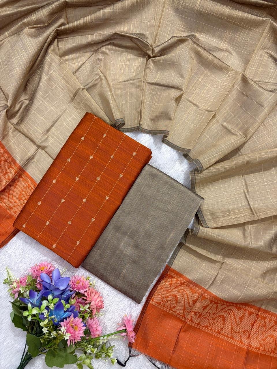 Traditional Raw Silk Dress Materials with Bottom & Dupatta
