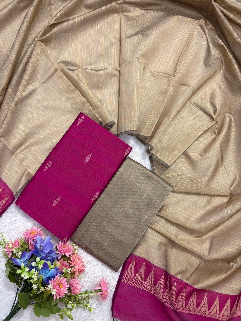 Traditional Raw Silk Dress Materials with Bottom & Dupatta