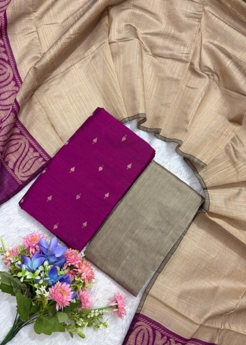 Traditional Raw Silk Dress Materials with Bottom & Dupatta